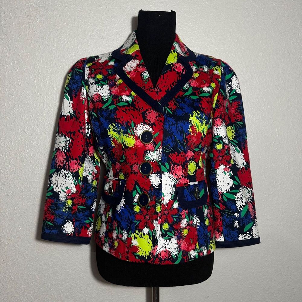 Josephine Women Floral Blazer Jacket Size 6 Bold Vibrant Print Button Up Trimmed